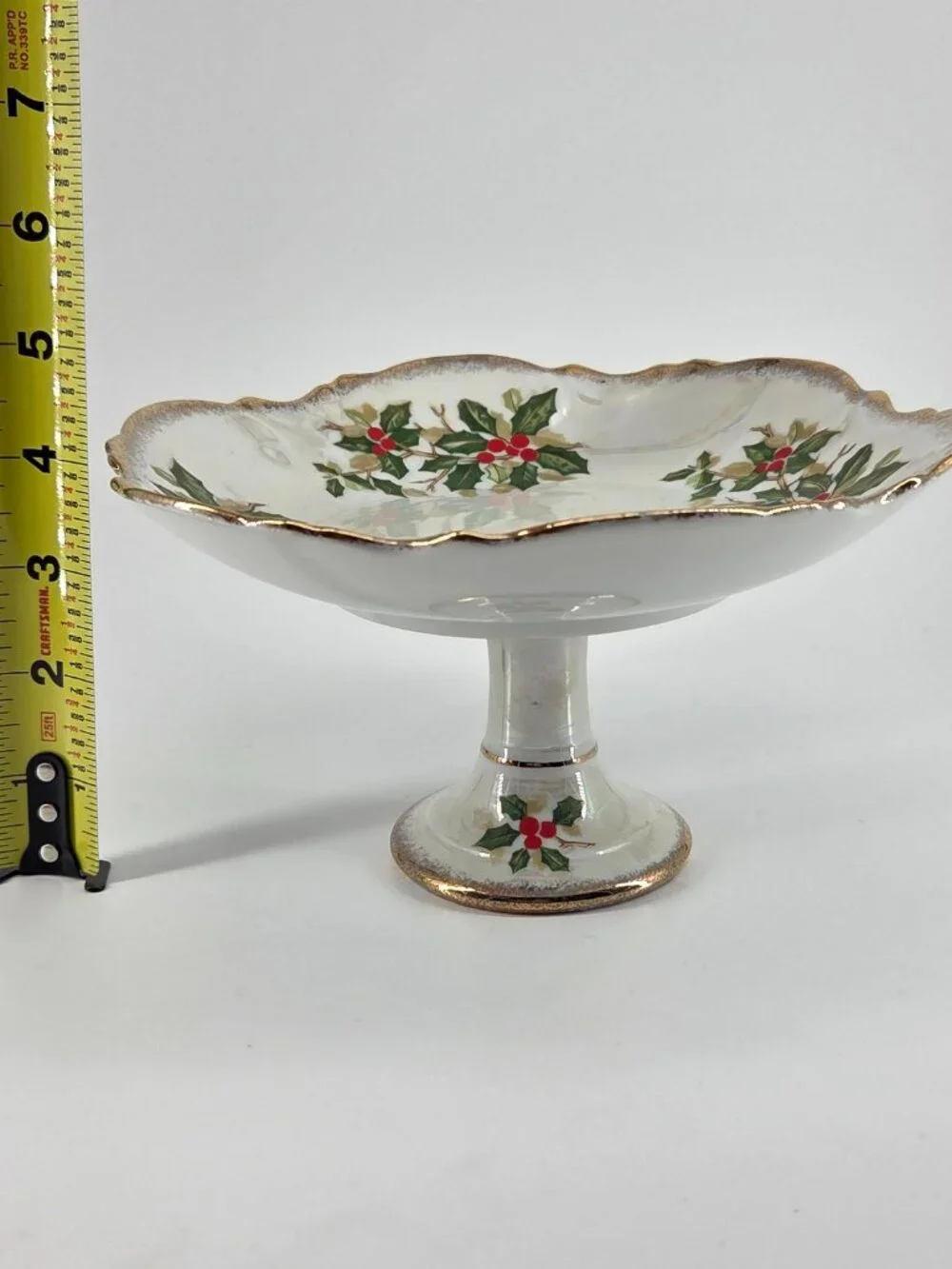 VTG 1950s Ucagco Holly Berry Lusterware Iridescent Pedestal Dish 8